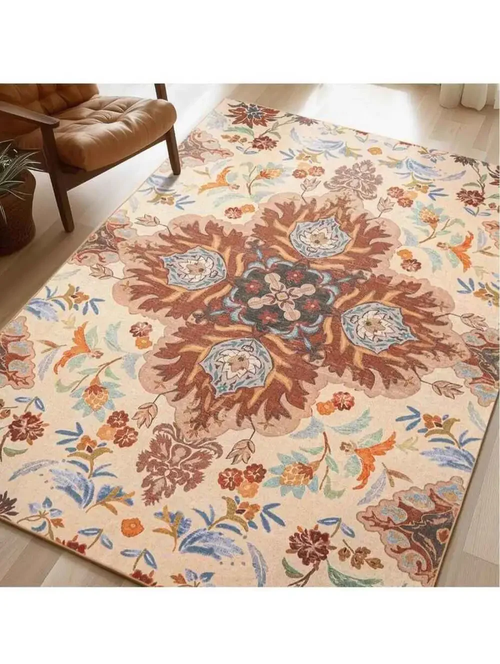 Rug 9'x12' NonSlip Vintage Boho Rug Room, Bedroom Dining Room RUST Orange Floral
